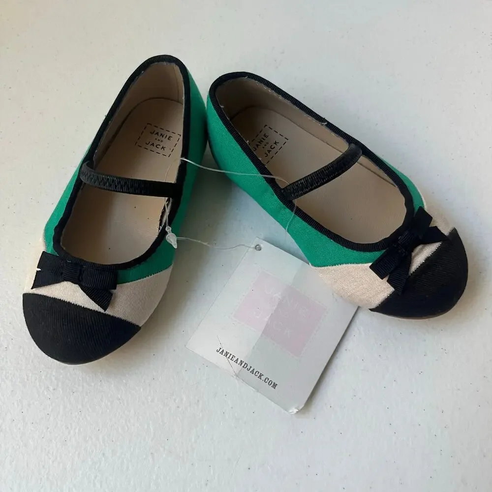Janie and Jack Mary Jane Ballet Flats Little Girls Size 4 Green Black Bow NEW